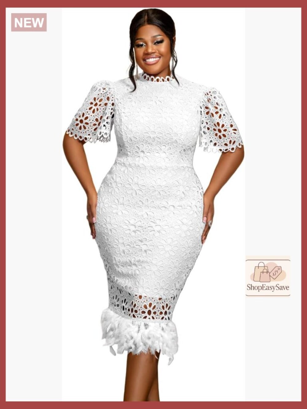 Elegant Lace Bodycon Dress Hollow Out Feather Trim Cocktail Party Business Wear
